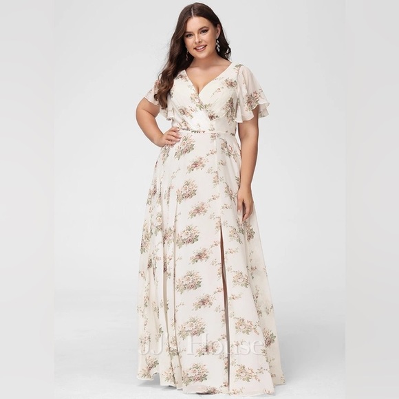 A-line V-Neck Floor-Length Chiffon Dress With Flower - Picture 10 of 10